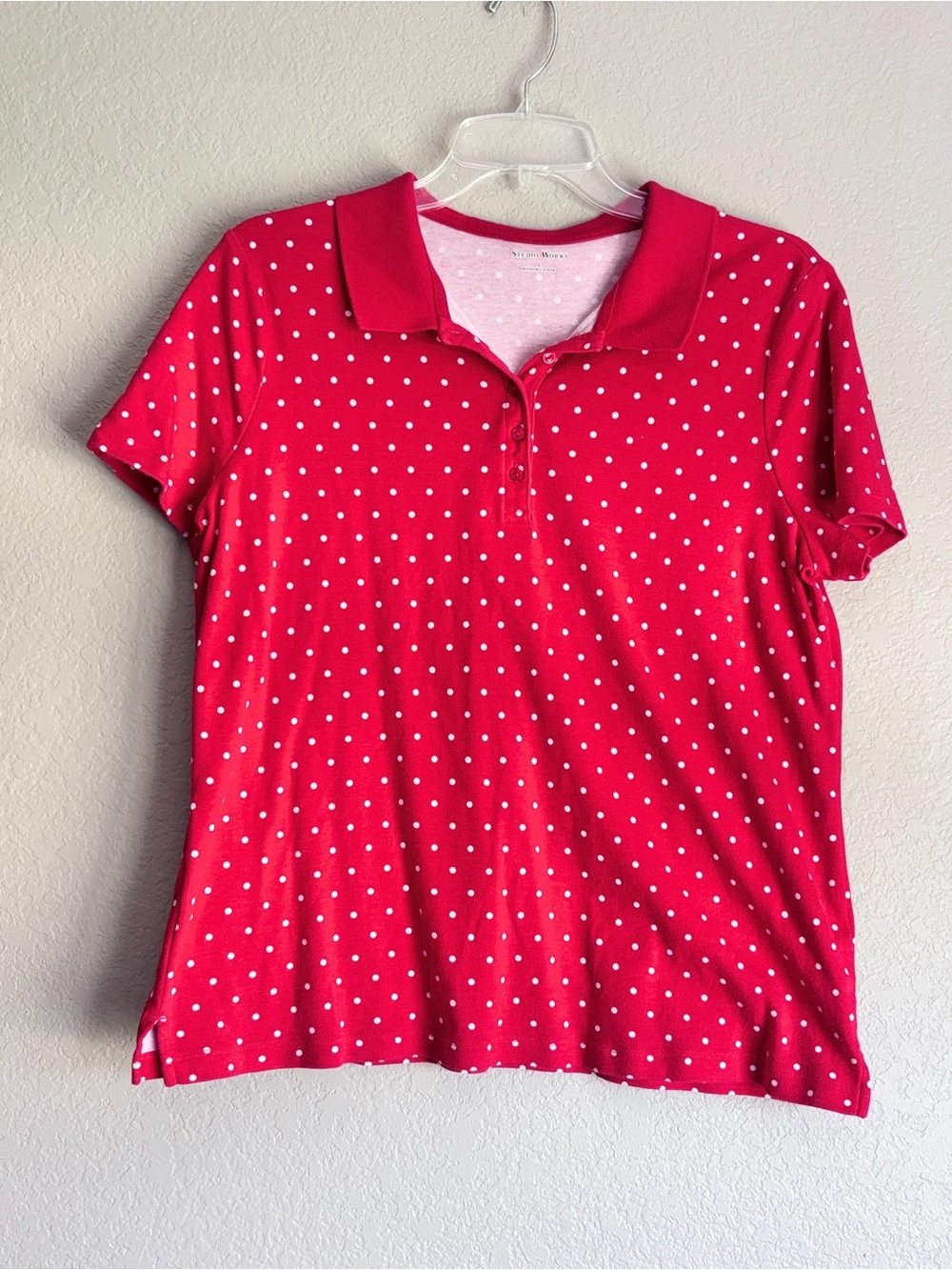 Studio Works Red White Polka Dot Polo women’s L